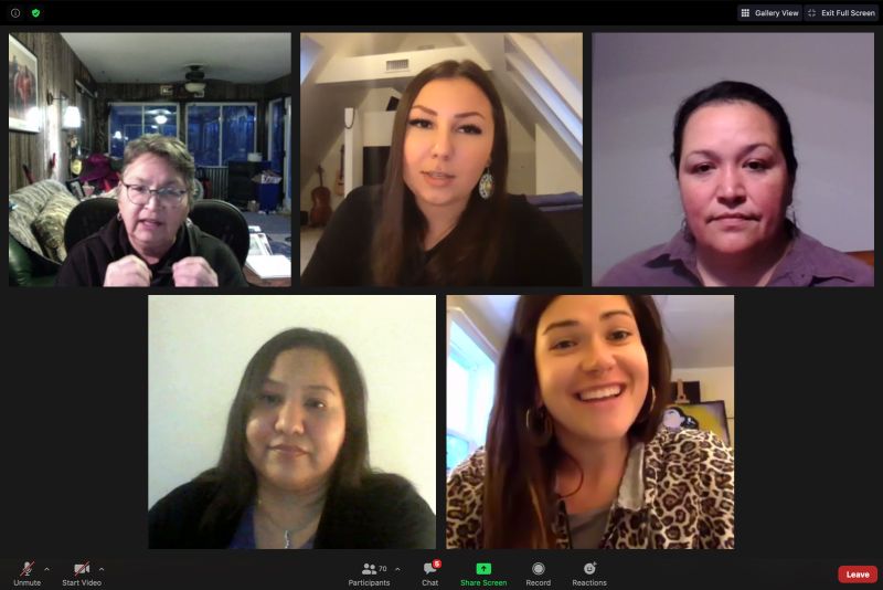 Virtual video conference screenshot of Indigenous food sovereignty panel (starting from the top left, going clockwise): Sharon M. Day, Alanna Norris'19, Jessika Greendeer, Alexandera Houchin, and panel facilitator Carmelita Sharpback MAHS'20.