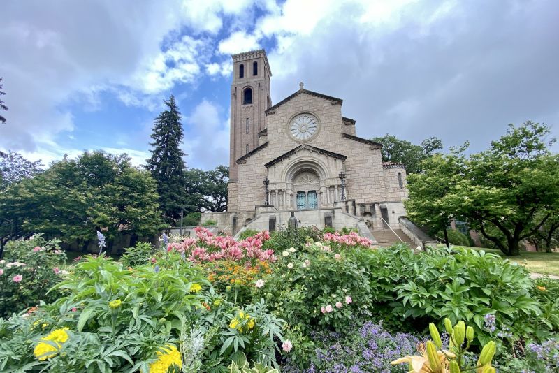 Flowers in front of Our Lady of Victory Chapel on St. Catherine University's St. Paul, MN campus