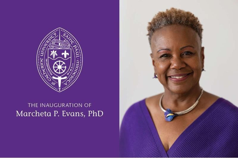 crest of st catherine university over purple background. headshot of president evans facing the camera