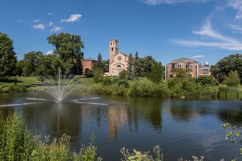 dew drop pond with chapel and cdc in the background.