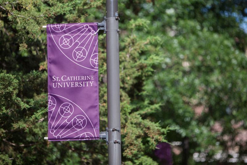 A purple flag reading "St. Catherine University" hangs on a pole in front of a background of trees.