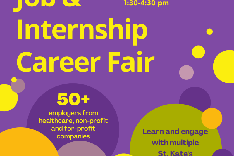 St. Catherine University Job & Internship Career Fair flyer. Event is Tuesday, September 30th, 2025, from 1:30–4:30 pm in the CdC Ballroom. Over 50 employers from healthcare, non-profit, and for-profit companies. Includes engagement with multiple St. Kate’s departments.