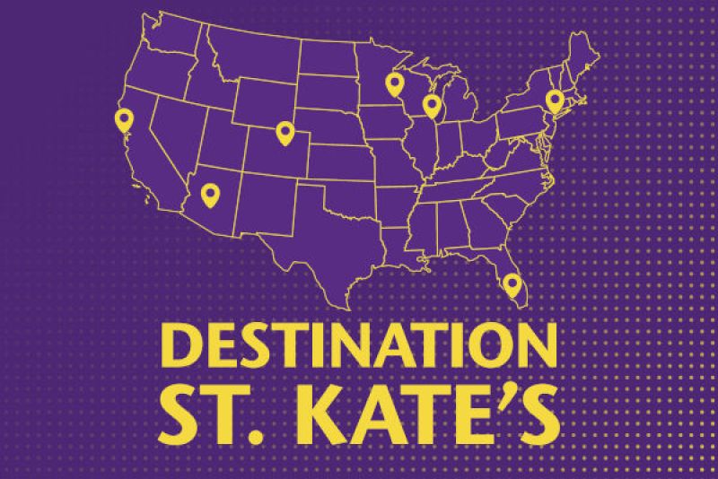 Purple U.S. map with yellow location pins highlighting various regions and the text “Destination St. Kate’s” in bold yellow letters below the map.