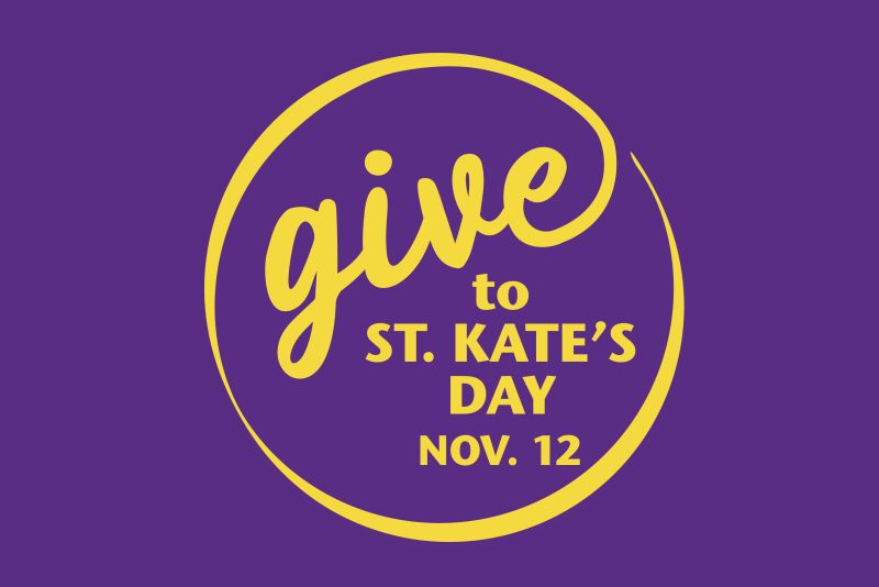 Yellow circular logo on a purple background with text: "Give to St. Kate’s Day, Nov. 12".