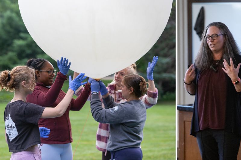 A side-by-side photo. Left: four students holding a large balloon. Right: Kelly Weinersmith, PhD.