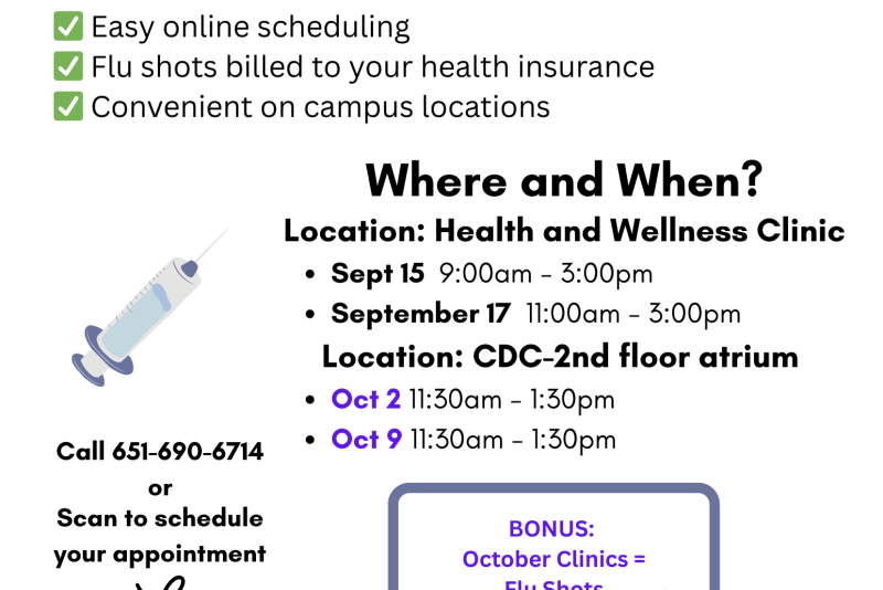 Flyer titled "Get the Shot – Not the Flu" promoting on-campus flu shot clinics at St. Catherine University. Lists benefits like online scheduling, insurance billing, and convenient locations. Dates and times: Sept 15 (9am–3pm) and Sept 17 (11am–3pm) at the Health and Wellness Clinic; Oct 2 and Oct 9 (11:30am–1:30pm) at the CDC 2nd floor atrium. October clinics include therapy animals. Contact: 651-690-6714 or scan QR code to schedule. Email: healthwellness@stkate.edu . Includes syringe and virus icons.