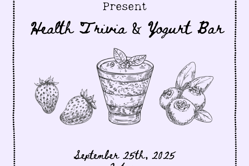 Flyer with floral and fruit illustrations promoting a “Health Trivia & Yogurt Bar” event hosted by The Peer Health Educators. Text reads: “September 25th, 2025, 2–4 pm, The Pulse, CDC.” Centered image shows strawberries, blueberries, and a yogurt parfait.