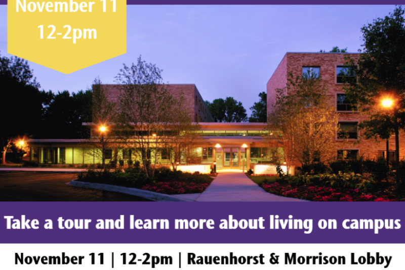 Promotional graphic for St. Catherine University Housing & Residence Life Open House and Tours. The image shows the Rauenhorst and Morrison residence halls at dusk with lights on. Text reads: ‘November 11, 12–2pm. Take a tour and learn more about living on campus. November 11 | 12–2pm | Rauenhorst & Morrison Lobby. Tour rooms, suites, and apartments.’
