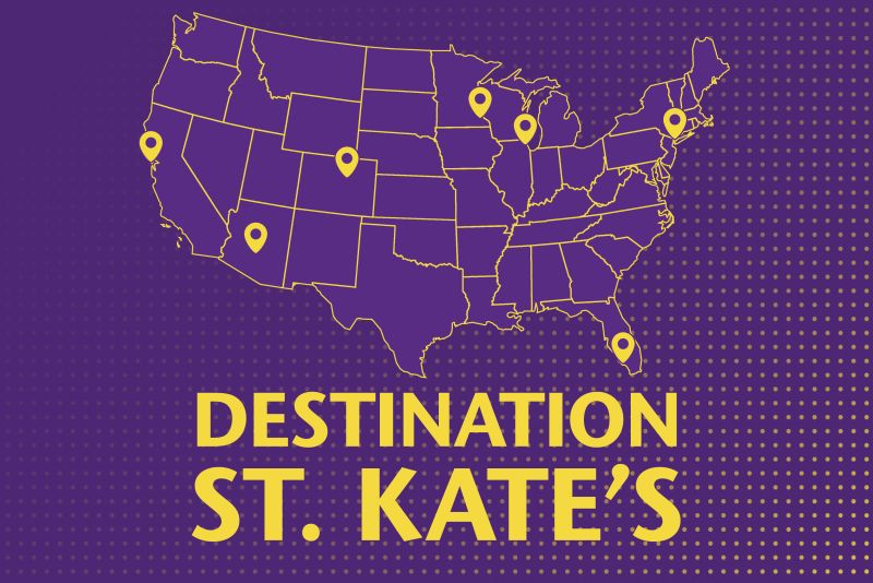 Map of the United States with yellow location markers highlighting various cities and the text 'Destination St. Kate’s' below in yellow on a purple background.