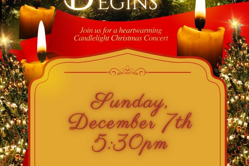 Event poster with Christmas trees, ornaments, and lit candles. Text reads: ‘Where the Light Begins. Candlelight Christmas Concert. Sunday, December 7th, 5:30 pm. Presented by the University and Chapel Choirs in Our Lady of Victory Chapel, St. Catherine University. For questions: spiritandjustice@stkate.edu