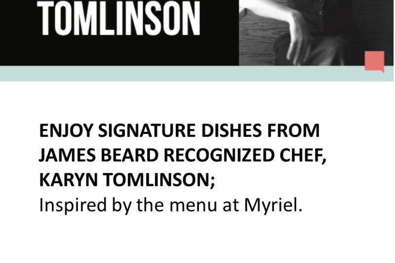 Flyer for a St. Catherine University dining event titled “Eat Like a Local with Chef Karyn Tomlinson.” Includes a black-and-white photo of the chef sitting at a table. Text reads: “Enjoy signature dishes from James Beard recognized chef Karyn Tomlinson; inspired by the menu at Myriel. Wednesday, November 12th, 11 a.m.–1:30 p.m. at The Dining Hall.” Sponsored by Sodexo Campus, James Beard Foundation, and Chef Assembly.