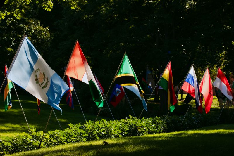 The flags of multiple countries line a campus sidewalk.