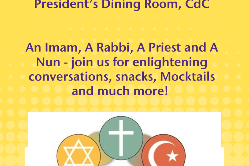 Promotional flyer for “Interfaith Conversations” presented by the Center for Spirituality and Social Justice. Event details: February 12, 2026, 3:00–5:30 p.m., President’s Dining Room, CdC. Text invites attendees to join an imam, rabbi, priest, and nun for conversation, snacks, and mocktails. Includes circular graphic labeled “Interfaith Dialogue” surrounded by symbols of multiple faith traditions.