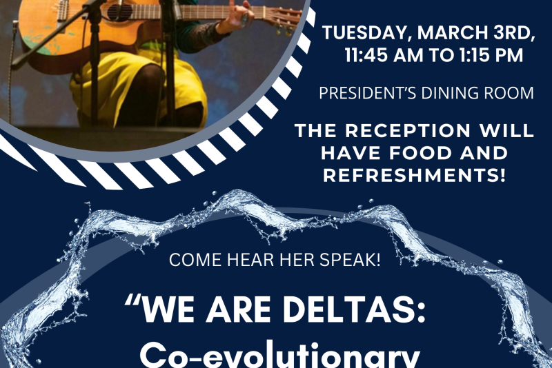 Promotional event graphic featuring guest speaker Dr. Natalia Contesse performing on stage with a guitar and microphone. Text reads: ‘Guest Speaker Dr. Natalia Contesse. Tuesday, March 3rd, 11:45 AM–1:15 PM. President’s Dining Room. The reception will have food and refreshments. Come hear her speak: “We Are Deltas: Co-evolutionary aesthetics between human beings and water.” Sponsored by the Sister Mona Riley Endowment of the Humanities.’