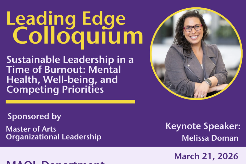 St. Catherine University flyer promoting the Leading Edge Colloquium. Title: ‘Sustainable Leadership in a Time of Burnout: Mental Health, Well-being, and Competing Priorities.’ Keynote speaker Melissa Doman. Sponsored by the Master of Arts in Organizational Leadership. March 21, 2026, 8:30–4:00 PM, President’s Dining Room at St. Catherine University or online. Contact: MAOL Department, maol@stkate.edu . Includes a circular headshot of the keynote speaker.