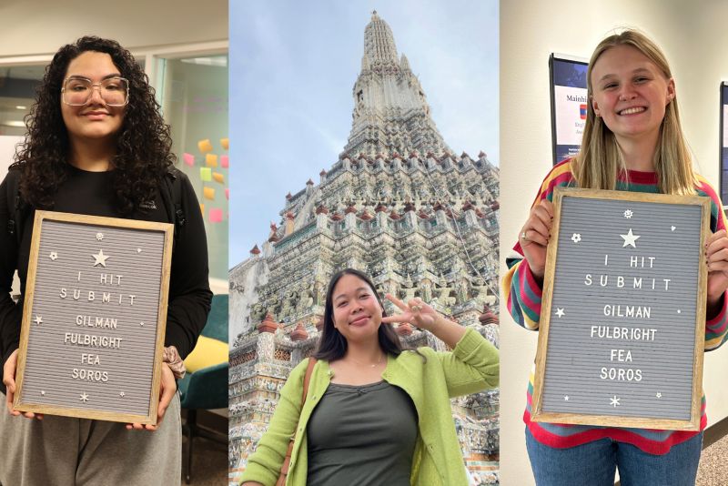 In the middle: Nag Poe stands in front of a temple. On the left and right: students at the "I Hit Submit" celebration hold signs. 