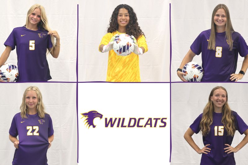 Grid with five squares depicting Wildcat student-athletes posing for photos, and bottom center square featuring the Wildcat logo.
