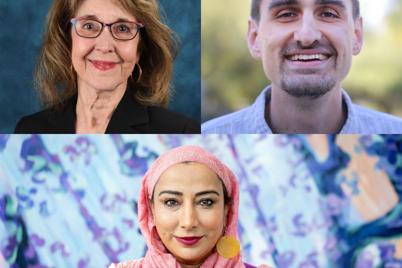 Composite image of three portrait photos. Top left: older woman with shoulder-length brown hair, glasses, and black blazer against a blue studio background. Top right: young man with short hair and trimmed facial hair smiling outdoors with blurred greenery behind him. Bottom: woman wearing a pink headscarf and large round earring, standing in front of a colorful mural.