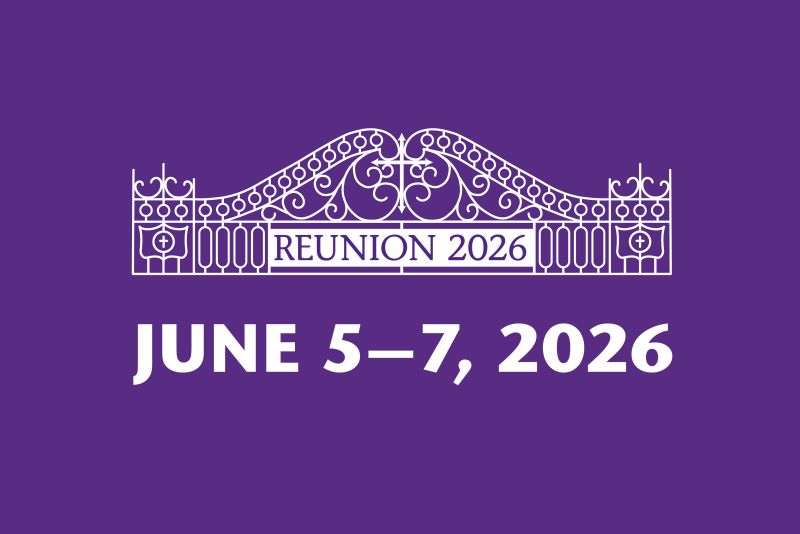 Decorative gate illustration with “Reunion 2026” above large text reading “June 5–7, 2026” on a purple background.