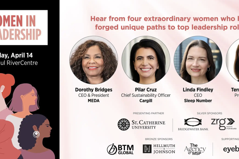 Women in Leadership event flyer with date April 14 at Saint Paul RiverCentre. Headshots of four speakers: Dorothy Bridges (MEDA CEO & President), Pilar Cruz (Cargill Chief Sustainability Officer), Linda Findley (Sleep Number CEO), and Terry Rasmussen (Thrivent President & CEO). Includes sponsor logos and illustrations of diverse women profiles.