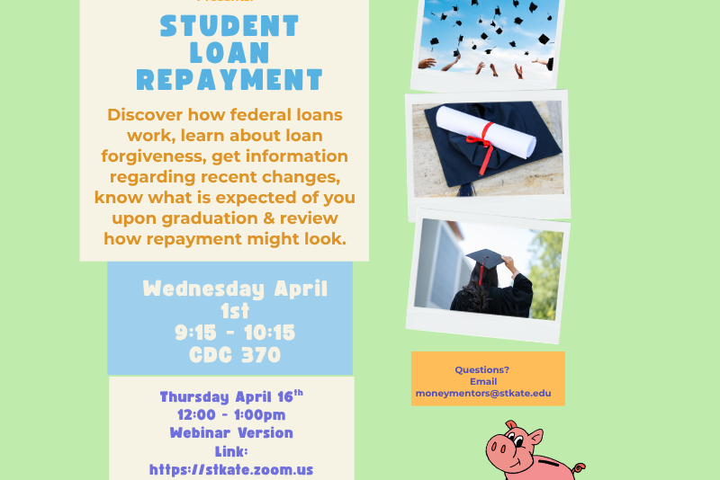 Student loan repayment event flyer. Text: “Student Loan Repayment” by Peer Money Mentors. Sessions: April 1, 9:15–10:15 AM, CDC 370; and April 16, 12:00–1:00 PM (webinar with Zoom link). Includes images of graduation cap, diploma, and contact email for questions.