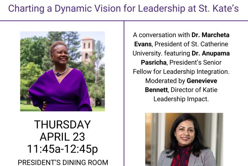 Women of Color Leadership Series flyer titled “She Leads” with event details: April 23, 11:45 AM–12:45 PM, President’s Dining Room or virtual. Features speakers Dr. Marcheta Evans and Dr. Anupama Pasricha, with moderator Genevieve Bennett, plus RSVP link and QR code.