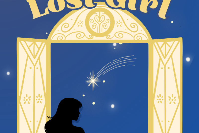 Illustration with text “Lost Girl.” A silhouetted girl looks out a window at a starry night sky with a shooting star. Decorative window frame and curtains in gold tones. Background is dark blue with scattered stars.