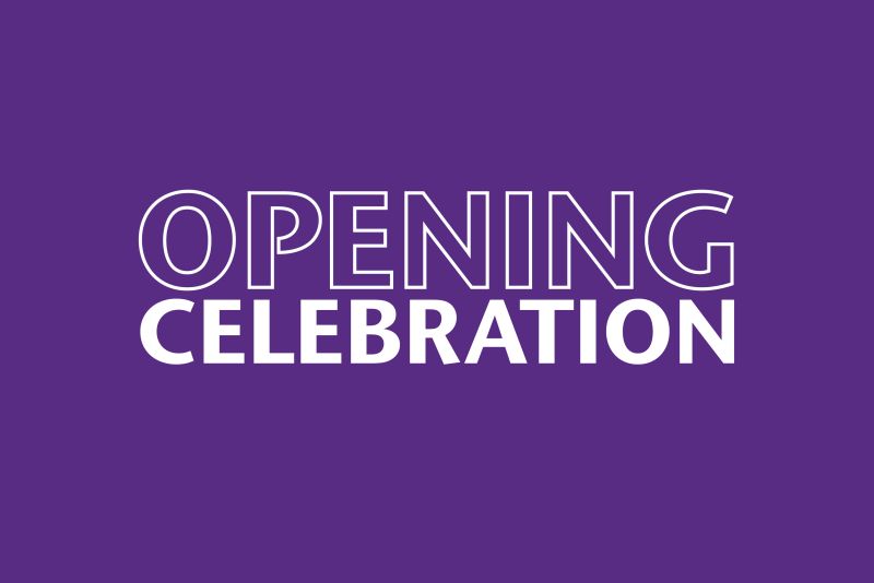 Opening Celebration text in large white uppercase letters on a solid purple background.