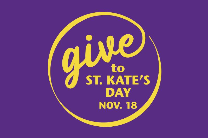 Give to St. Kate’s Day, Nov. 18. Yellow lettering and a circular brushstroke design appear on a purple background.