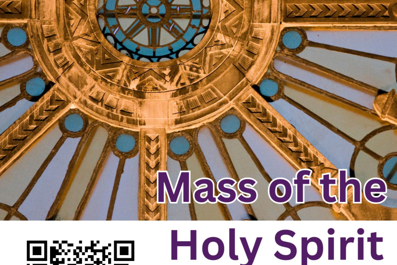 Event graphic featuring the decorative ceiling of Our Lady of Victory Chapel promoting “Mass of the Holy Spirit.” August 31 at 9:00 AM in Our Lady of Victory Chapel or via Zoom. Includes a QR code for Zoom registration and contact emails: spiritandjustice@stkate.edu and UEvents@stkate.edu.