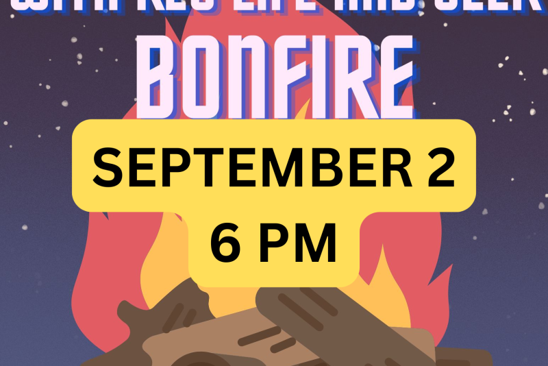 Event graphic promoting “CSSJ with Res Life and SEEK Bonfire.” Bonfire illustration on a night sky background. Event: September 2 at 6:00 PM on the South CDC Patio outside the dining hall. Contact for more information: spiritandjustice@stkate.edu.