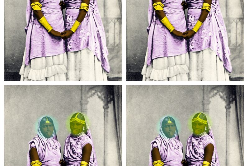 Four-panel artwork repeating a colorized historical portrait of two women standing close together and holding hands. They wear layered lavender garments, head coverings, and bright yellow jewelry against a muted architectural background.