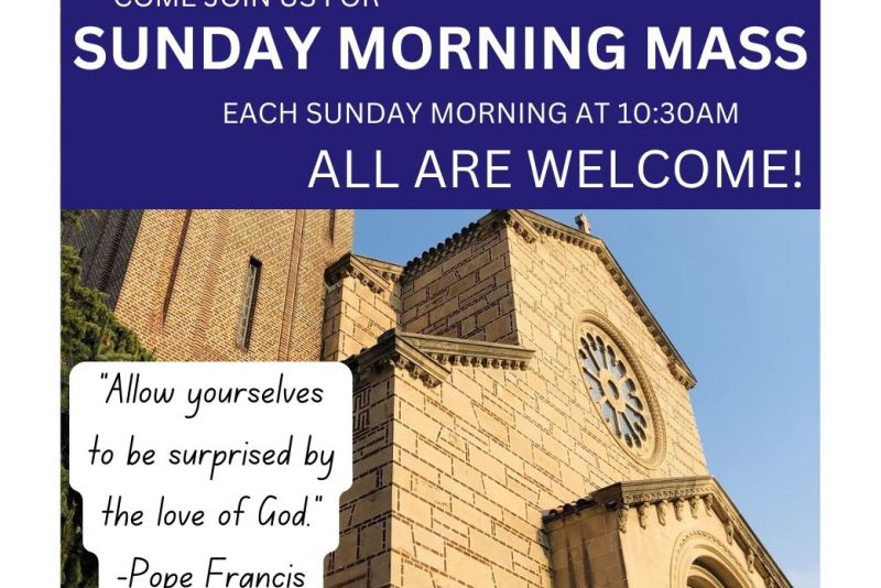 Our Lady of Victory Chapel at St. Catherine University invites all to Sunday Morning Mass each Sunday at 10:30 a.m. Includes a photo of the chapel and the quote, “Allow yourselves to be surprised by the love of God.” —Pope Francis. Questions: spiritandjustice@stkate.edu