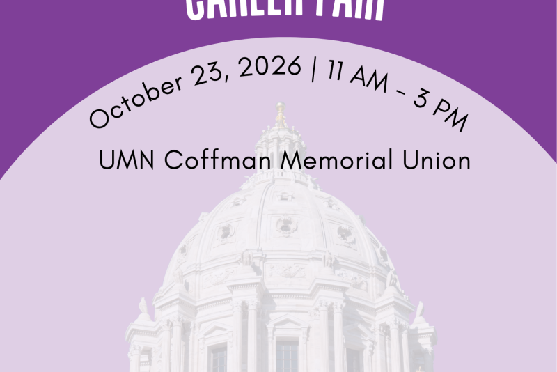 Government & Non-Profit Career Fair, October 23, 2026, 11 a.m.–3 p.m. at UMN Coffman Memorial Union. Questions: askcareer@stkate.edu. Flyer features a faded image of the Minnesota State Capitol.