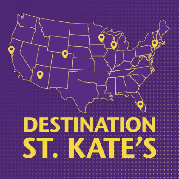 Purple U.S. map with yellow location pins highlighting various regions and the text “Destination St. Kate’s” in bold yellow letters below the map.