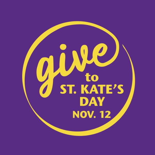 Yellow circular logo on a purple background with text: "Give to St. Kate’s Day, Nov. 12".