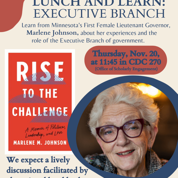 Flyer for Lunch and Learn: Executive Branch event with Marlene Johnson on Nov. 20 at 11:45 AM in CDC 270. Includes book cover 'Rise to the Challenge' and photo of Marlene Johnson. Google Meet link: meet.google.com/qnt-rraf-vdn