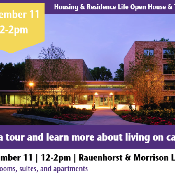 Promotional graphic for St. Catherine University Housing & Residence Life Open House and Tours. The image shows the Rauenhorst and Morrison residence halls at dusk with lights on. Text reads: ‘November 11, 12–2pm. Take a tour and learn more about living on campus. November 11 | 12–2pm | Rauenhorst & Morrison Lobby. Tour rooms, suites, and apartments.’