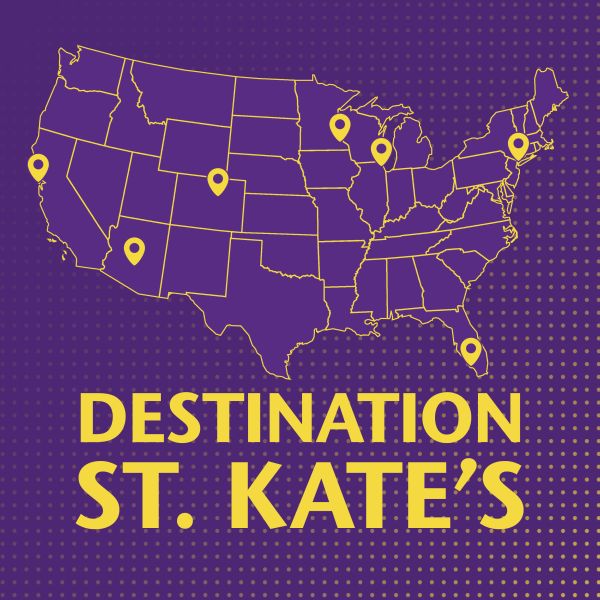 Map of the United States with yellow location markers highlighting various cities and the text 'Destination St. Kate’s' below in yellow on a purple background.