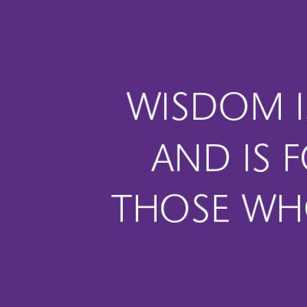 Purple banner with the text “Feast of St. Catherine Celebration” surrounding a white emblem of a quill over a wheel and book. To the right, white text reads: “Wisdom is radiant and is found by those who seek her.”