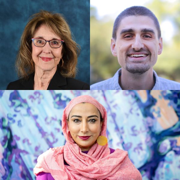 Composite image of three portrait photos. Top left: older woman with shoulder-length brown hair, glasses, and black blazer against a blue studio background. Top right: young man with short hair and trimmed facial hair smiling outdoors with blurred greenery behind him. Bottom: woman wearing a pink headscarf and large round earring, standing in front of a colorful mural.