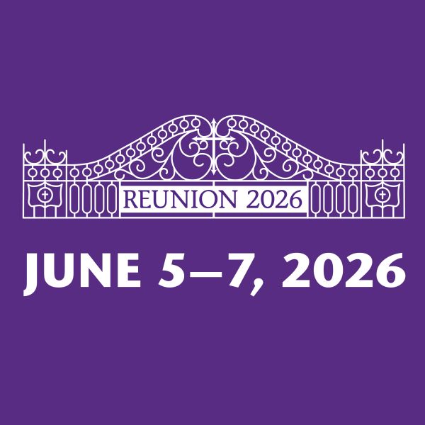 Decorative gate illustration with “Reunion 2026” above large text reading “June 5–7, 2026” on a purple background.