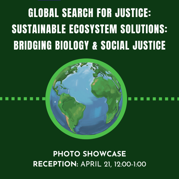 Flyer for Global Studies photo showcase titled “Global Search for Justice: Sustainable Ecosystem Solutions—Bridging Biology & Social Justice,” featuring Costa Rica. Reception April 21, 12:00–1:00. Exhibition runs April 20–May 4. Includes globe illustration and Global Studies contact: globalstudies@stkate.edu .