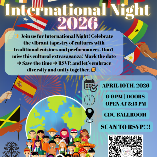 International Night 2026 event flyer with fireworks and international flags. Text invites attendees to celebrate global cultures with food and performances. Event details: April 10, 2026, 6–9 PM, doors open 5:15 PM, CDC Ballroom. Hosted by St. Catherine University Senate. QR code to RSVP and contact email sciso@stkate.edu . Illustration of diverse students in traditional clothing.
