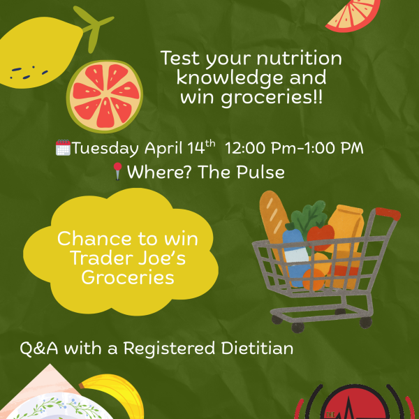 Health and Wellness Clinic poster promoting “April Grocery Trivia.” Text reads: “Test your nutrition knowledge and win groceries.” Event details: Tuesday, April 14, 12:00–1:00 PM at The Pulse. Includes note: “Chance to win Trader Joe’s groceries” and “Q&A with a Registered Dietitian.” Decorative illustrations of citrus fruit, a grocery cart with food, and a plate with avocado toast.