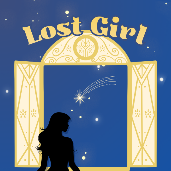 Illustration with text “Lost Girl.” A silhouetted girl looks out a window at a starry night sky with a shooting star. Decorative window frame and curtains in gold tones. Background is dark blue with scattered stars.