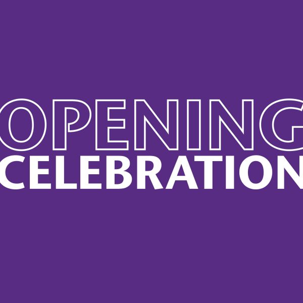Opening Celebration text in large white uppercase letters on a solid purple background.