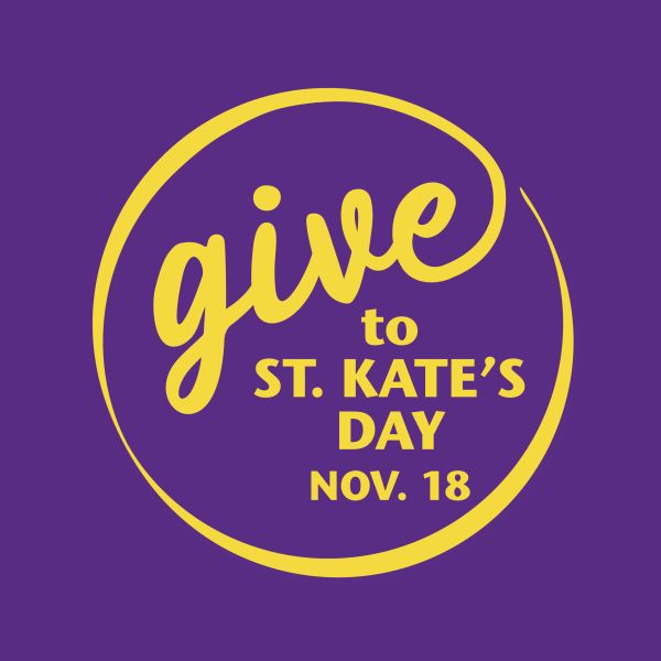 Give to St. Kate’s Day, Nov. 18. Yellow lettering and a circular brushstroke design appear on a purple background.