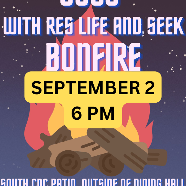 Event graphic promoting “CSSJ with Res Life and SEEK Bonfire.” Bonfire illustration on a night sky background. Event: September 2 at 6:00 PM on the South CDC Patio outside the dining hall. Contact for more information: spiritandjustice@stkate.edu.