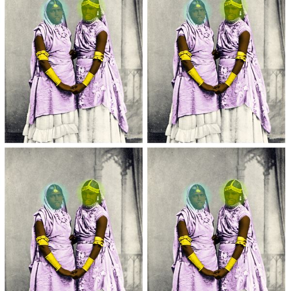 Four-panel artwork repeating a colorized historical portrait of two women standing close together and holding hands. They wear layered lavender garments, head coverings, and bright yellow jewelry against a muted architectural background.